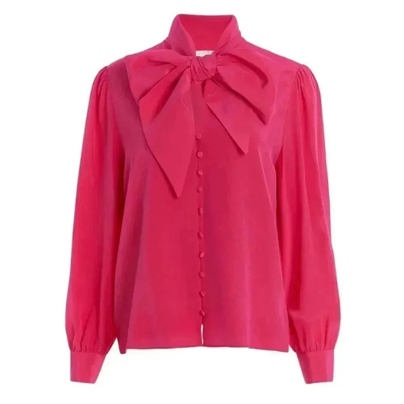 NWT MARIE OLIVER Felix 100% Silk Blouse Rogue, Fuchsia Bow Button down, Sz Small - Picture 3 of 15